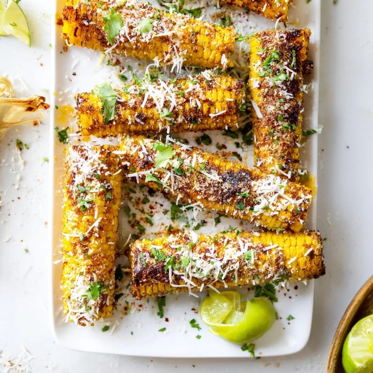 Sizzling Cheesy Corn ribs arranged on a baking sheet, brushed with spiced oil and finished with a squeeze of lime juice.
