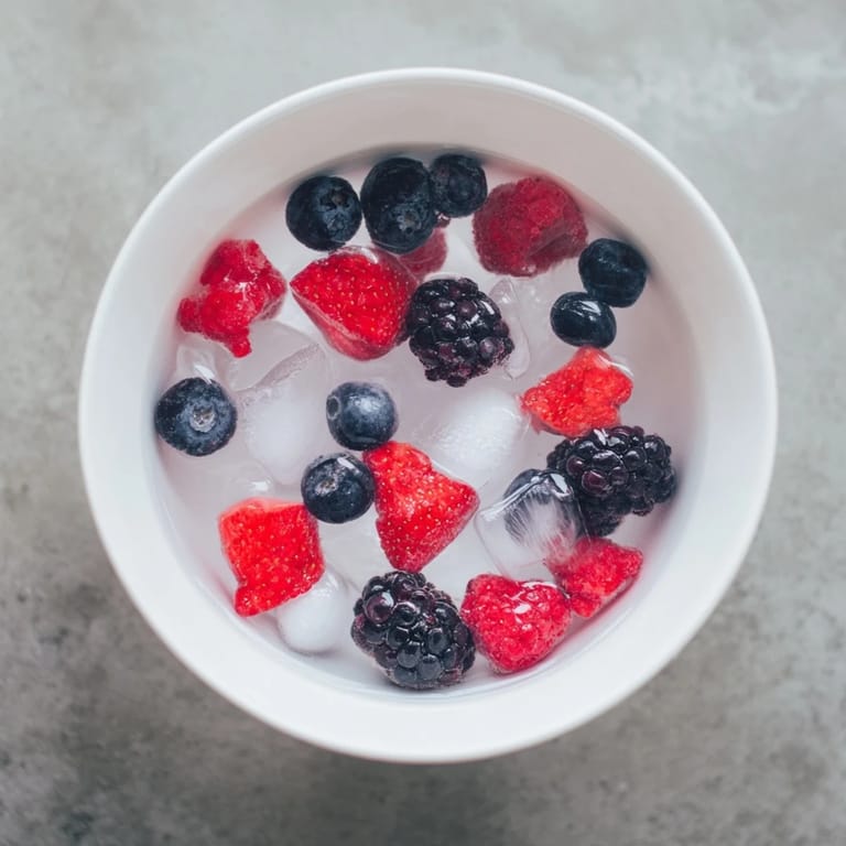 A close-up of Nature's Cereal Bowl reveals juicy berries and ice cubes submerged in refreshing, antioxidant-rich coconut water.