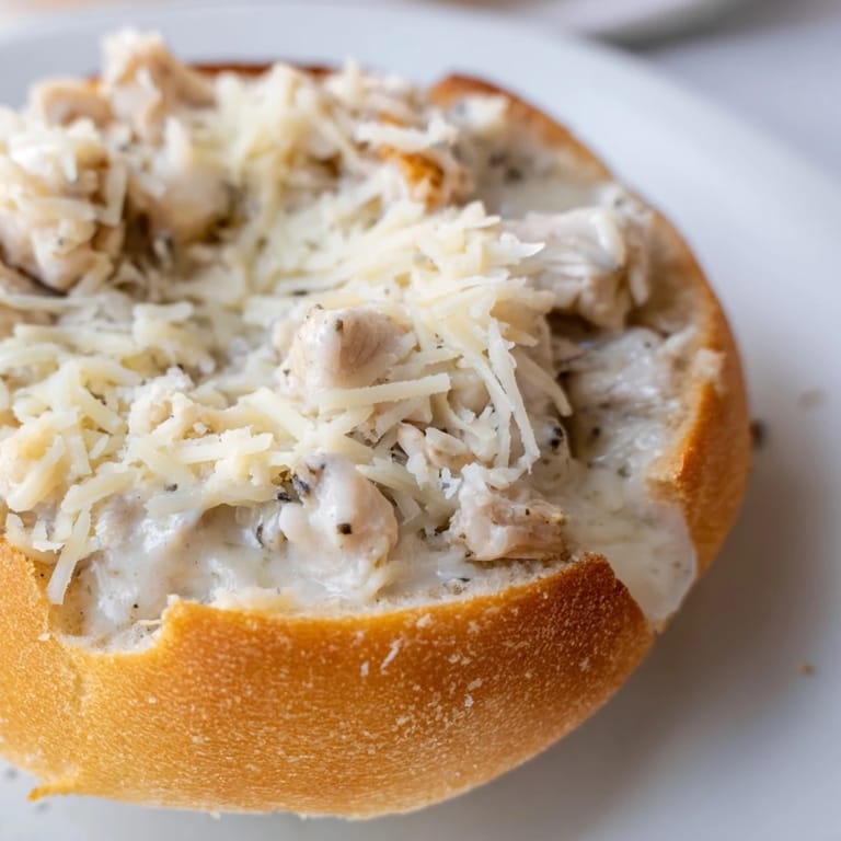 Savory chicken Alfredo served in a crispy bread bowl, garnished with extra Parmesan and fresh herbs.