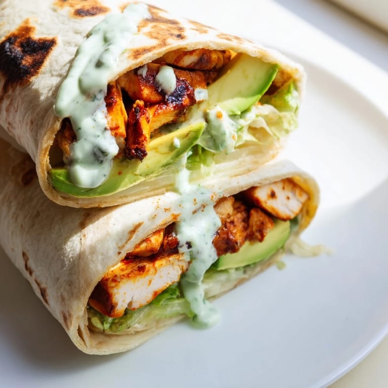 Golden-brown Smoky Chipotle Chicken Wrap held in hands, showing a soft tortilla stuffed with juicy chicken and fresh red onion slices.  