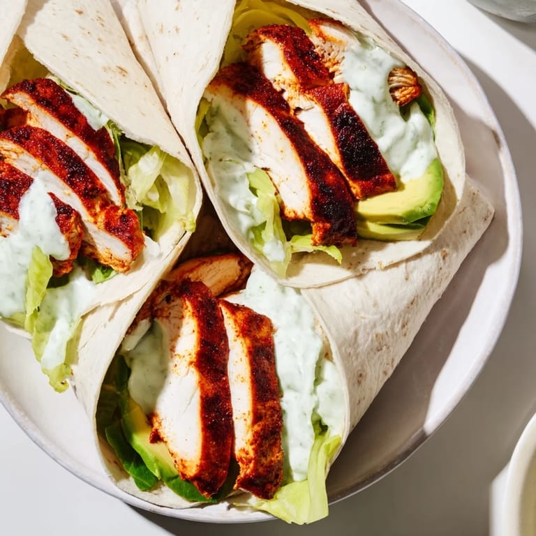 Plated Smoky Chipotle Chicken Wrap with a drizzle of Greek yogurt sauce, garnished with cilantro and served beside lime wedges.
