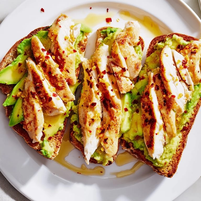 Hearty Smashed Avocado Chicken Toast features tender grilled chicken, creamy avocado, and a sweet-spicy honey-chili finish on crusty toast.