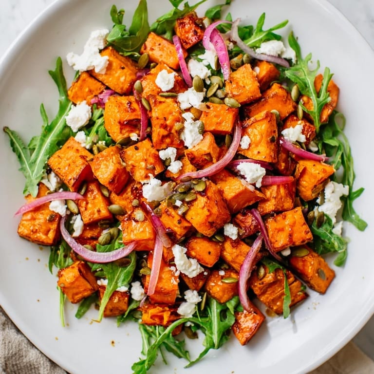 This vibrant Roasted Sweet Potato Salad features golden roasted sweet potatoes and crumbled feta cheese on fresh arugula.  
