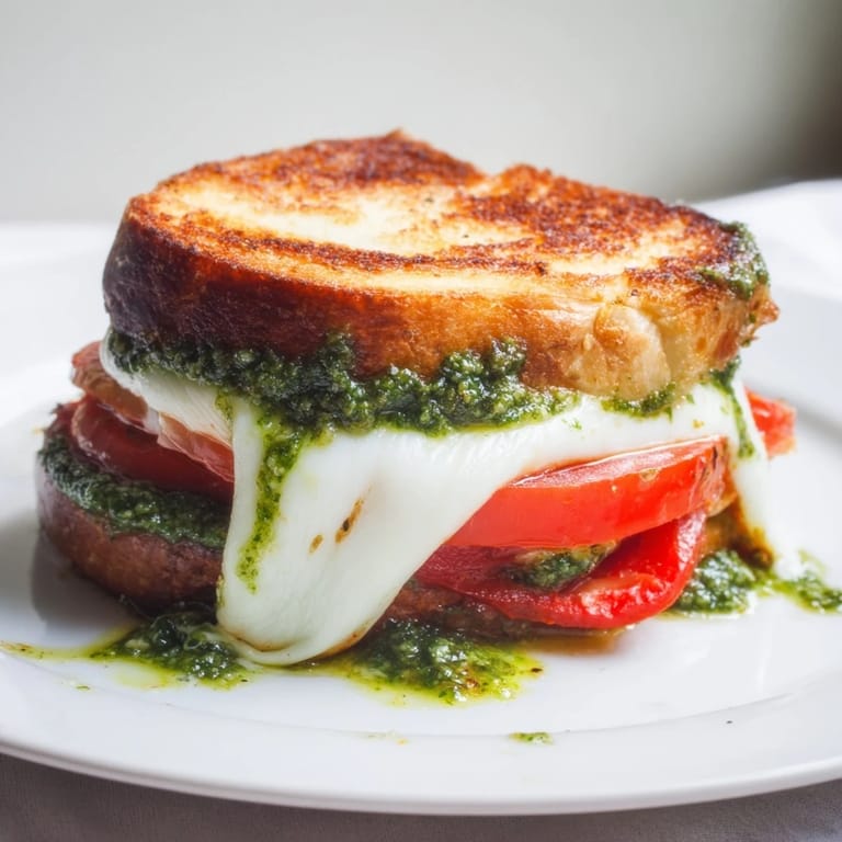Rustic sourdough holds creamy mozzarella and basil pesto in this easy Caprese Pesto Grilled Cheese.