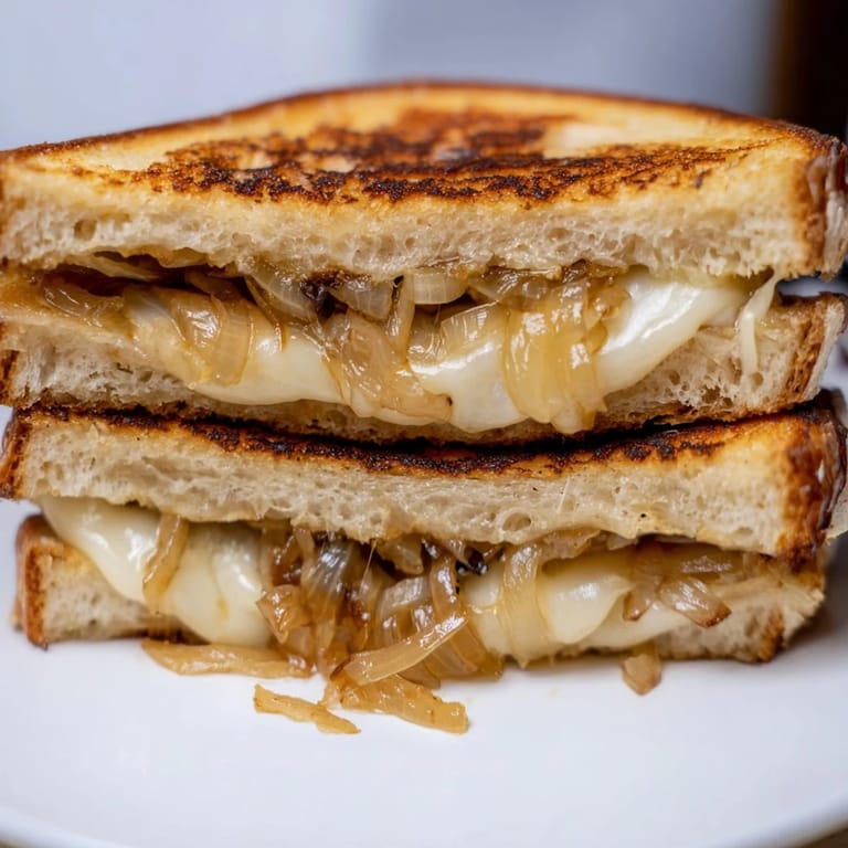 A close-up of a warm Caramelized Onion Grilled Cheese, showcasing sweet jammy onions and crispy, toasted bread edges.