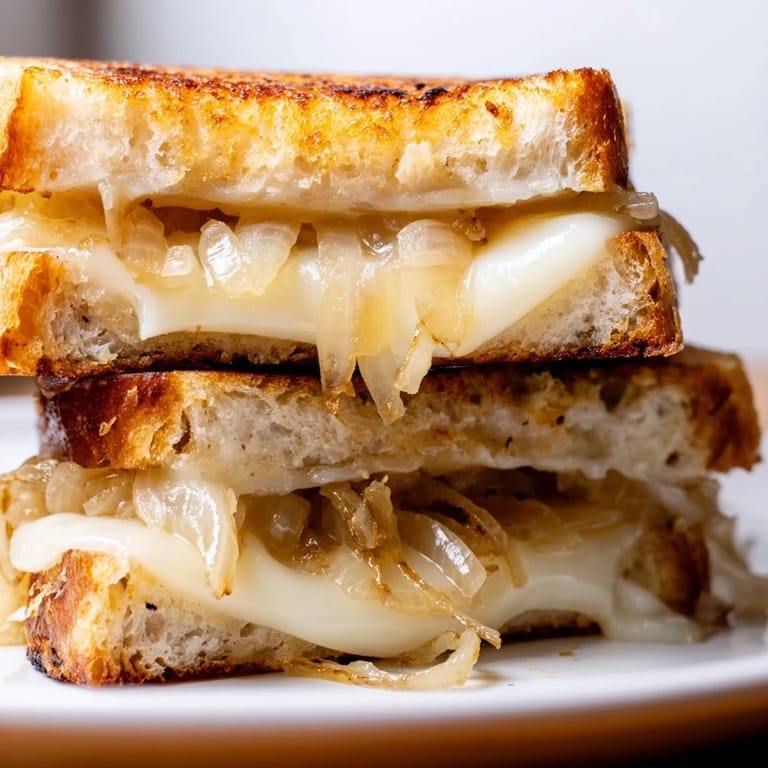 A golden Caramelized Onion Grilled Cheese sandwich cut in half, revealing a rich filling of melted cheddar and sweet onions.