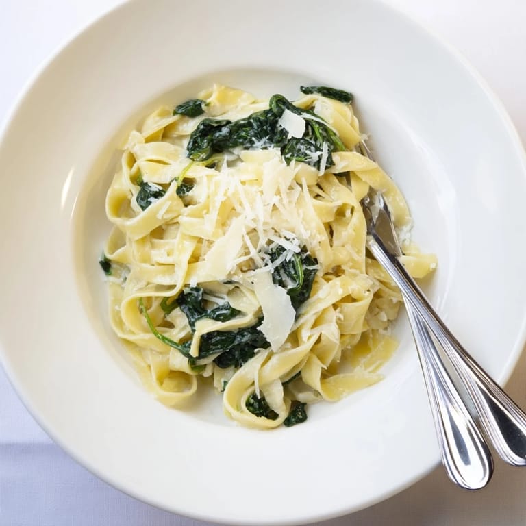 Creamy garlic spinach pasta in a skillet, featuring tender fettuccine coated in a luscious garlic cream sauce.