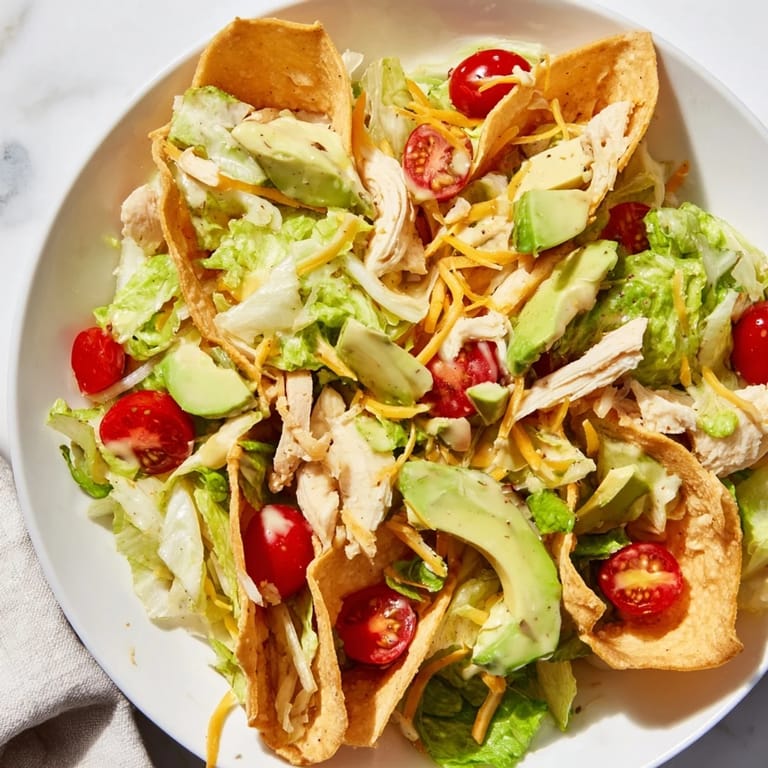 Colorful bowl of Crunchy Taco Chicken Salad with diced avocado, tomatoes, and crushed taco shells for texture.
