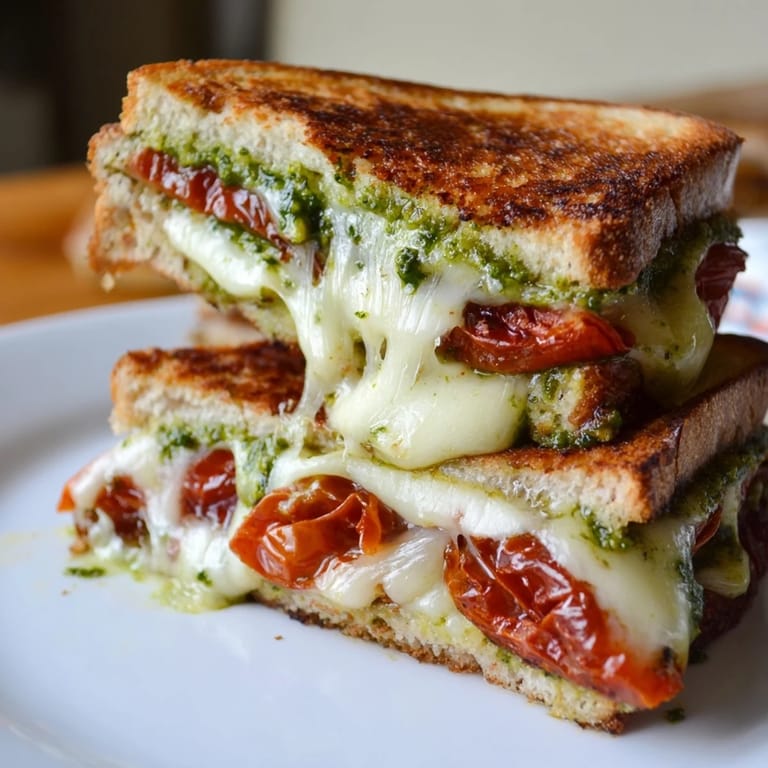 Close-up of a crispy, golden-brown Roasted Tomato Pesto Grilled Cheese, revealing layers of roasted tomatoes, sharp cheddar, and melty mozzarella inside.