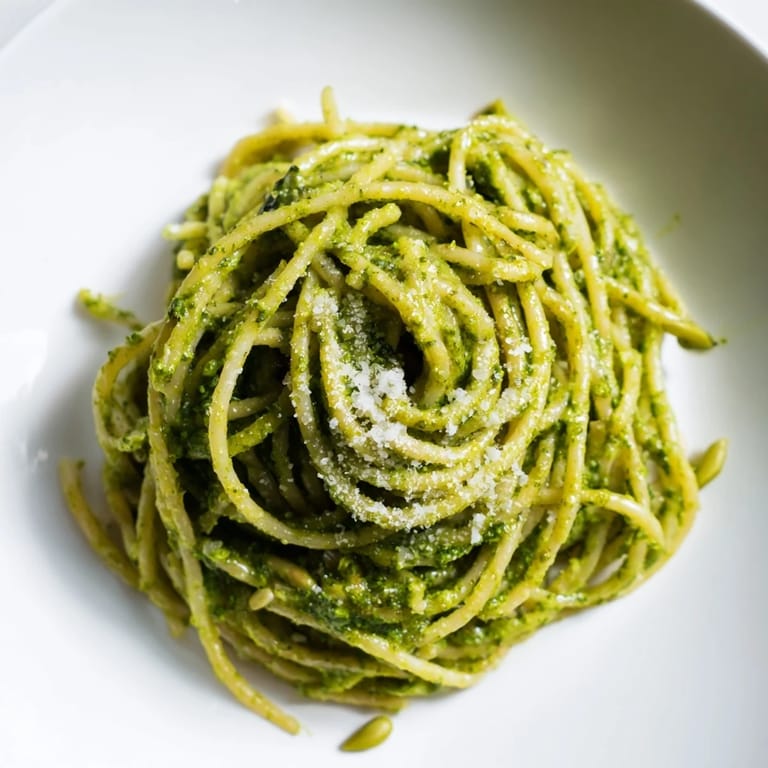 Close-up of Creamy Sunflower Seed Pesto Pasta on a rustic plate, garnished with grated Parmesan and a lemon wedge for brightness.