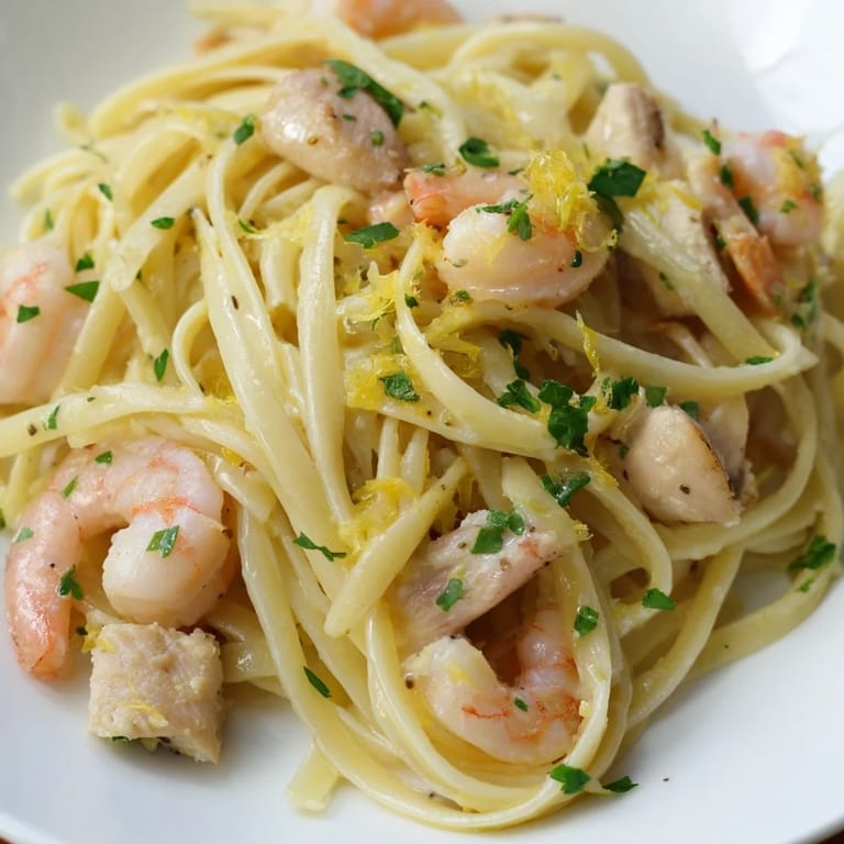 Plated Lemon Garlic Shrimp & Chicken Pasta garnished with fresh parsley and lemon wedges, served alongside a crisp green salad for a complete meal.