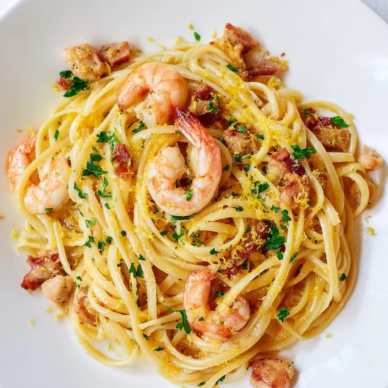 Close-up view of Lemon Garlic Shrimp & Chicken Pasta showing tender linguine strands coated in zesty garlic butter with chunks of chicken and shrimp.