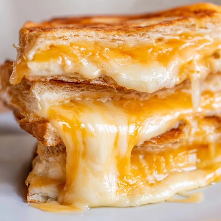Golden-brown Triple Cheese Sourdough Grilled Cheese sandwich resting on a rustic cutting board, ready to be served with a bowl of creamy tomato soup.  