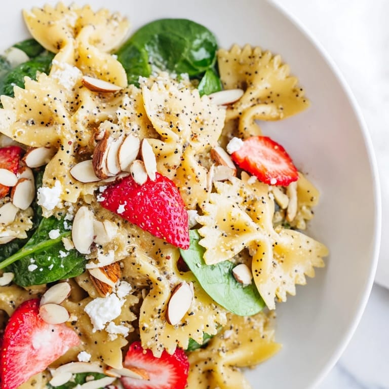 Vibrant Spring Spinach Strawberry Pasta Salad featuring bright red strawberries and green spinach leaves mixed with al dente farfalle pasta, drizzled with a tangy homemade poppy seed vinaigrette dressing.