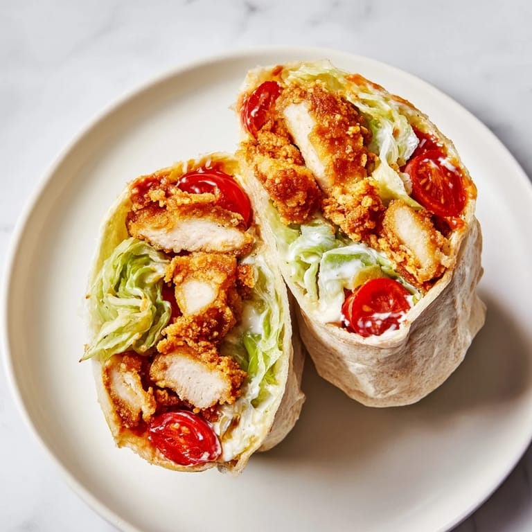 Warm flour tortilla wrapped around juicy hot honey chicken and creamy Caesar salad, perfect for a handheld lunch.