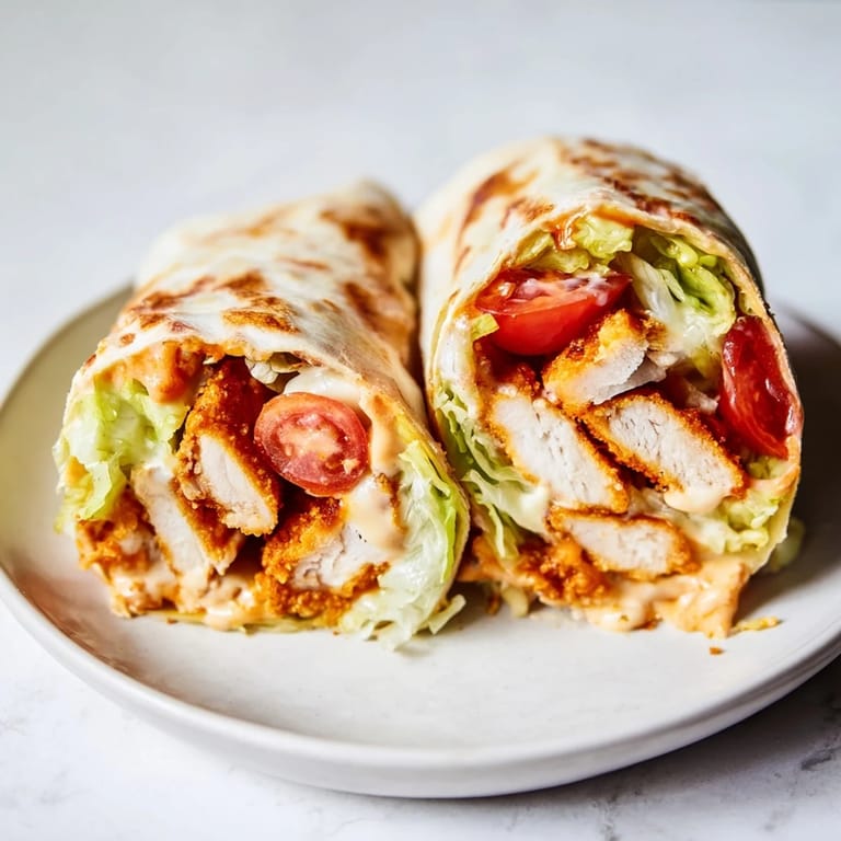 Hot Honey Chicken Caesar Wrap with crunchy croutons, fresh romaine, and tangy Parmesan, sliced to reveal the vibrant filling.  