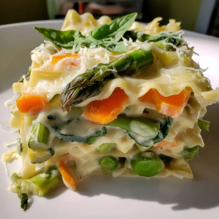 Steaming slice of Spring Veggie Alfredo Lasagna showing layers of ricotta and tender asparagus.