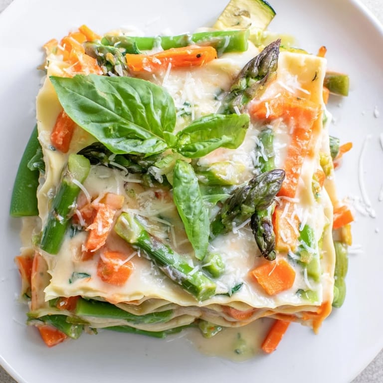 Spring Veggie Alfredo Lasagna plated with a green salad and lemon wedge, ready to serve.