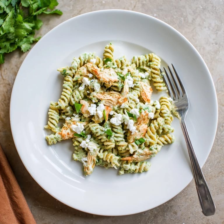 Spicy Cilantro Lime Chicken Pasta served warm with crumbled cotija cheese and fresh lime wedges for extra zest.