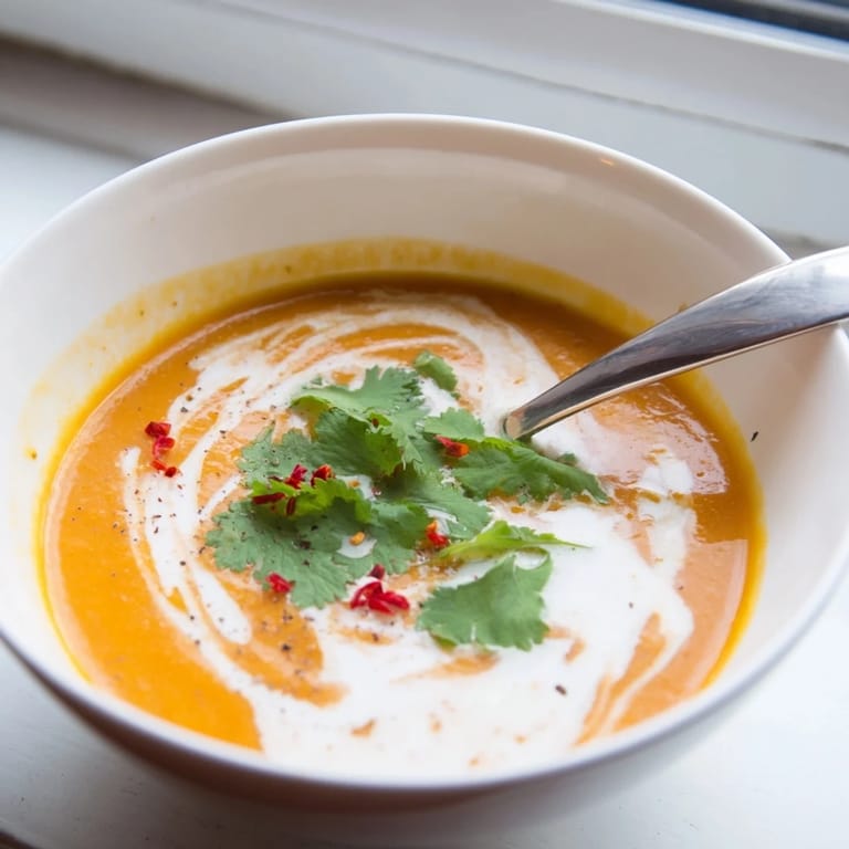 Velvety soup featuring carrots, celeriac, and chilli, perfect for a cozy evening.