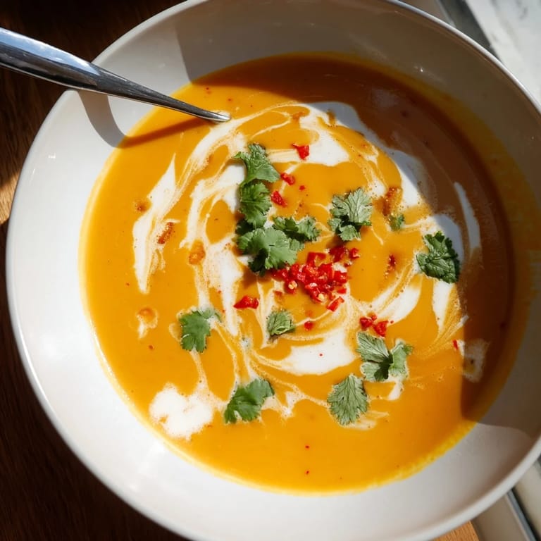 Smooth Carrot Celeriac Chilli Soup, vibrantly orange and gently spiced.