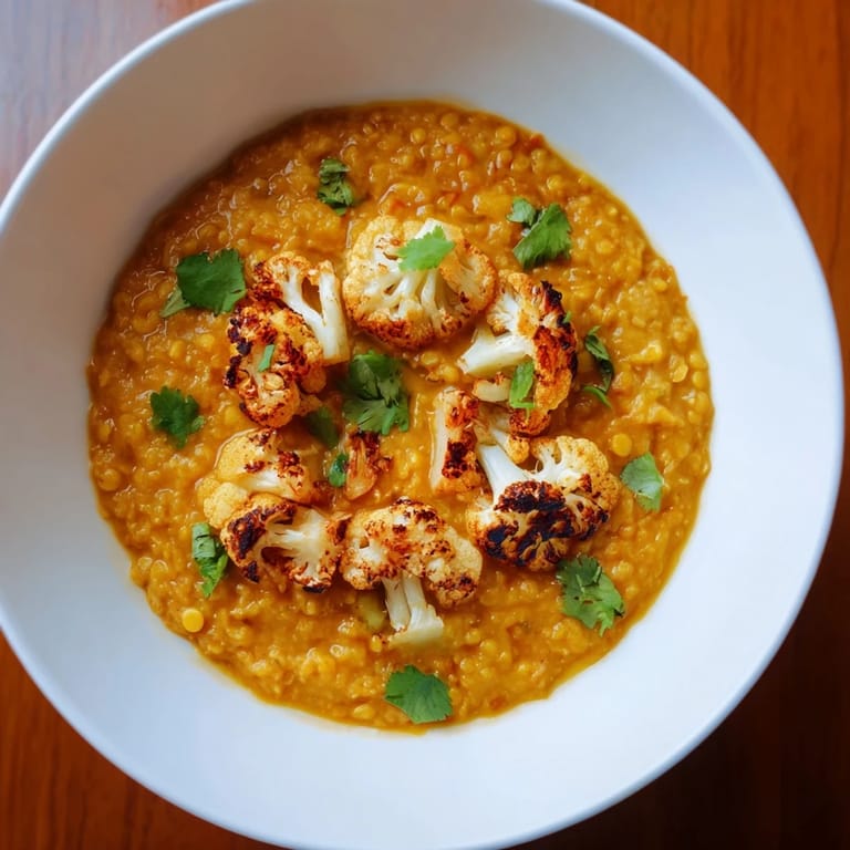 Close-up of a serving spoon dipping into rich Dhal with Cumin-Roasted Cauliflower, showcasing the hearty textures.