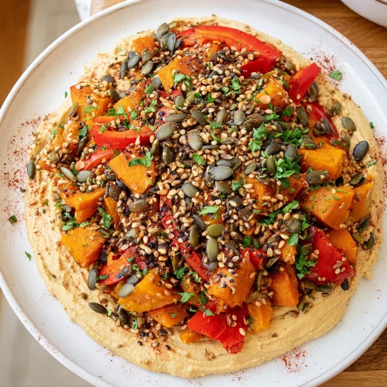 A close-up view of the Roast Squash and Hummus Winter Salad highlights the colorful roasted vegetables, smooth hummus base, and crunchy seed toppings for a satisfying texture.