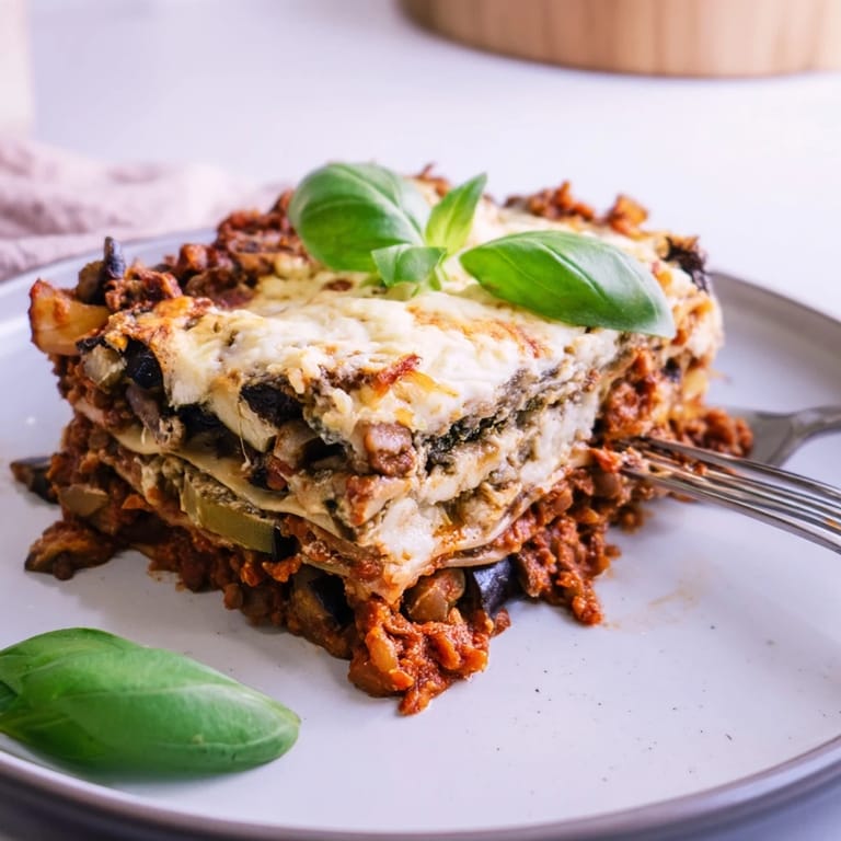 Deliciously cheesy One-Pan Smoky Veggie Lentil Lasagne, showing layered textures.