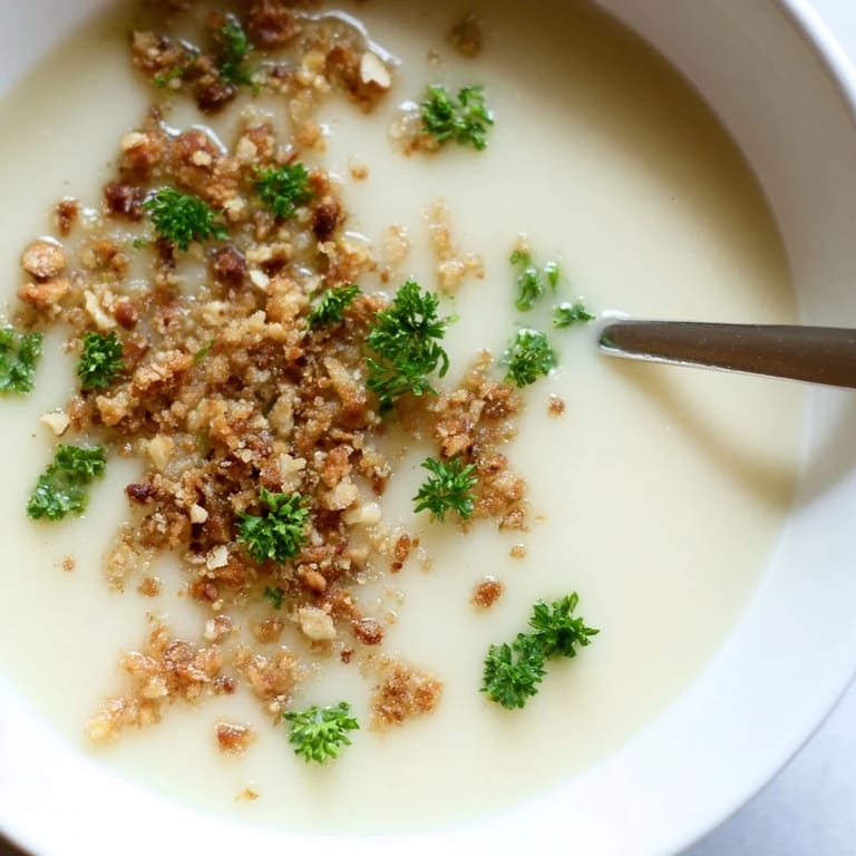 Smooth, pale soup garnished with chopped hazelnuts and parsley, highlighting the creamy celeriac and gluten-free ingredients.