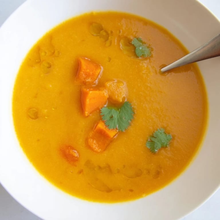 Golden roasted butternut squash and red lentil soup simmering in a pot, with warm spices and sliced carrots visible, ready for a cozy vegan dinner.
