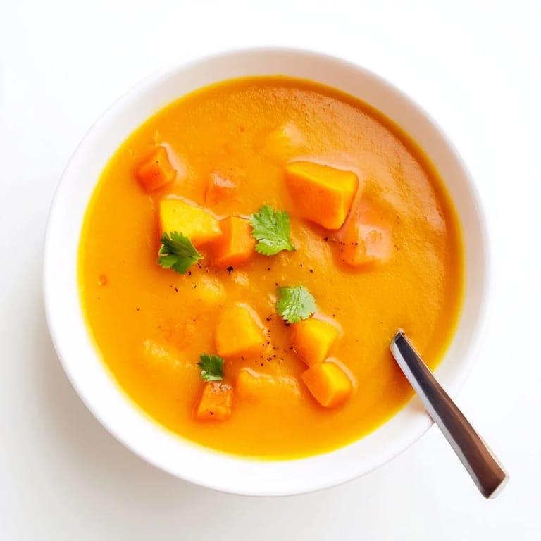 Velvety butternut squash and lentil soup poured from a blender into a white bowl, topped with fresh parsley and a swirl of olive oil.