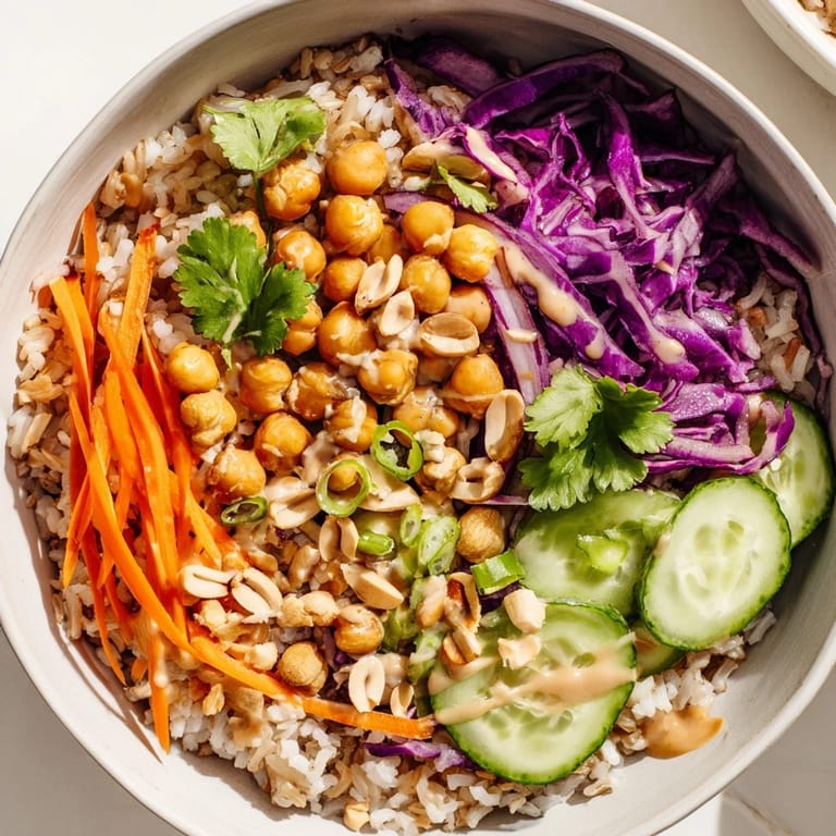 Hearty Peanut Chickpea Rice Bowl, a healthy vegan meal perfect for a quick lunch.