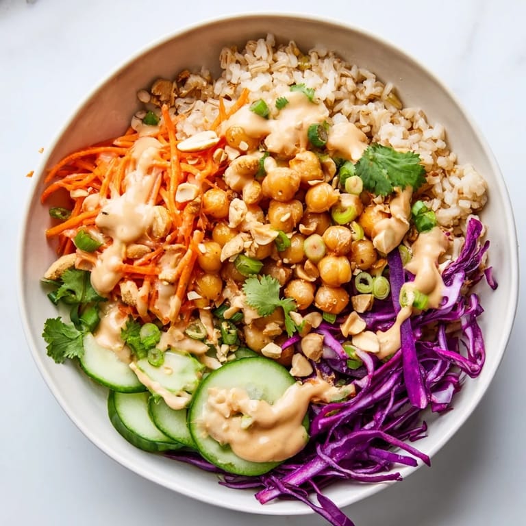 Colorful Peanut Chickpea Rice Bowl, topped with crunchy peanuts and drizzled with savory sauce.