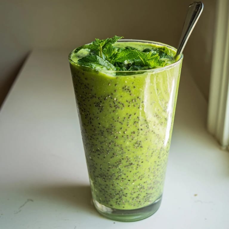 A close-up of the creamy Green Detox Smoothie blending leafy greens, apple, and chia seeds in a blender jar.  