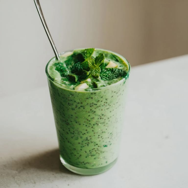 Pouring a refreshing Green Detox Smoothie into a mason jar, showing its vivid green color and smooth texture.