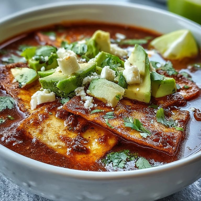 Ladle of rich Sopa Azteca broth topped with panela cheese and fresh cilantro.