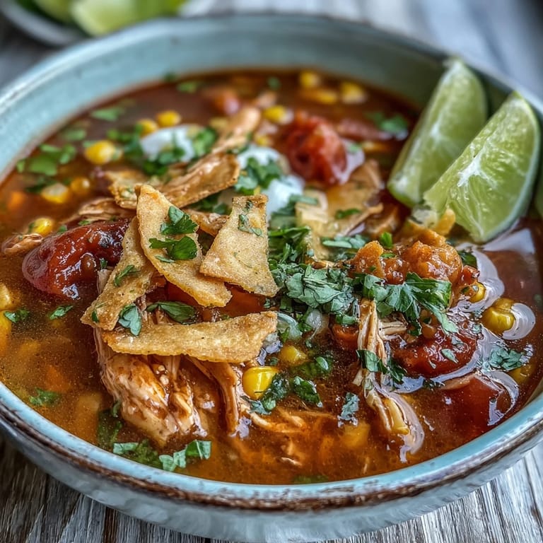 Steam rises from the Best Chicken Tortilla Soup, revealing tender chicken, corn, and red peppers in a rich broth.