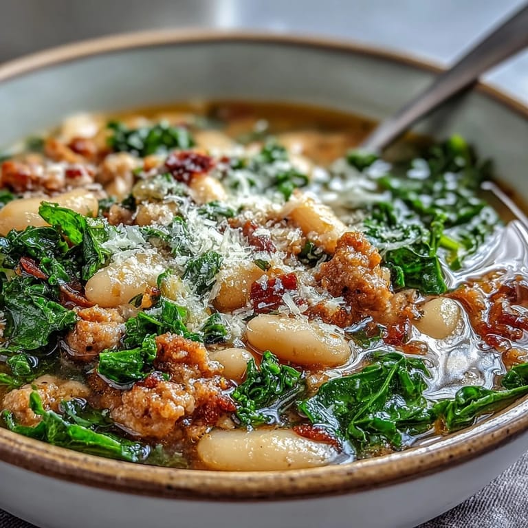 Close-up of Italian White Bean Soup with Kale and Sausage, highlighting spicy sausage crumbles and tender kale in a golden broth.
