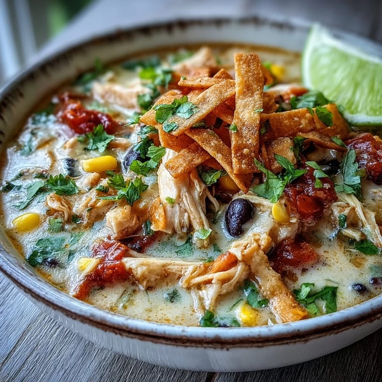 Creamy Tex-Mex Chicken Tortilla Soup with corn, black beans, and Rotel tomatoes in a rustic bowl.