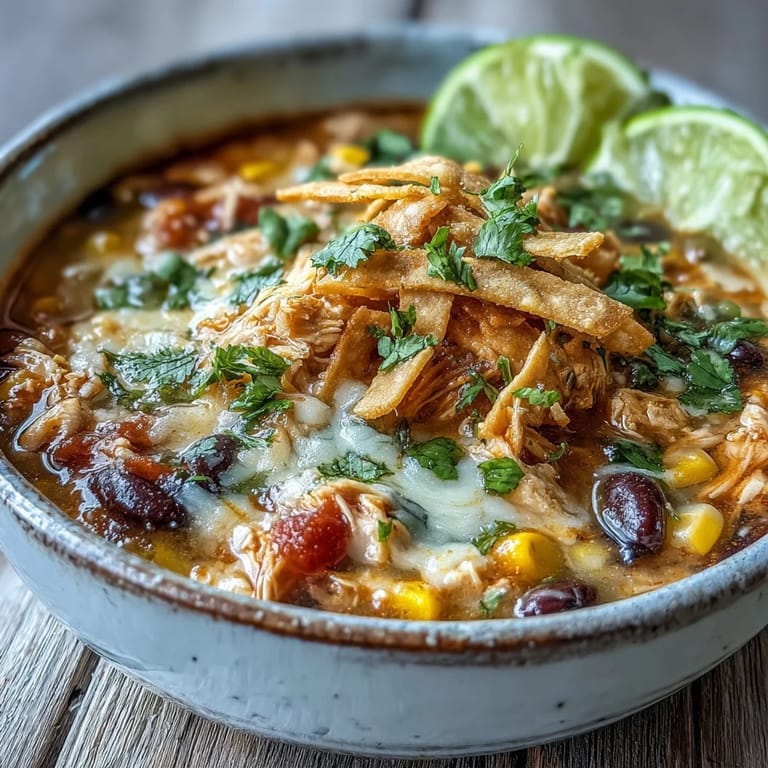 Ladle-ready Easy Chicken Tortilla Soup garnished with lime wedges and jalapeños on a cozy dinner table.