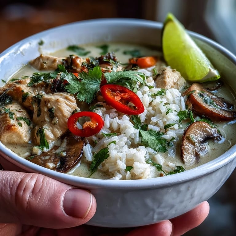 A steaming bowl of Thai Coconut Curry Soup garnished with fresh cilantro, lime wedges, and sliced red chili on top.