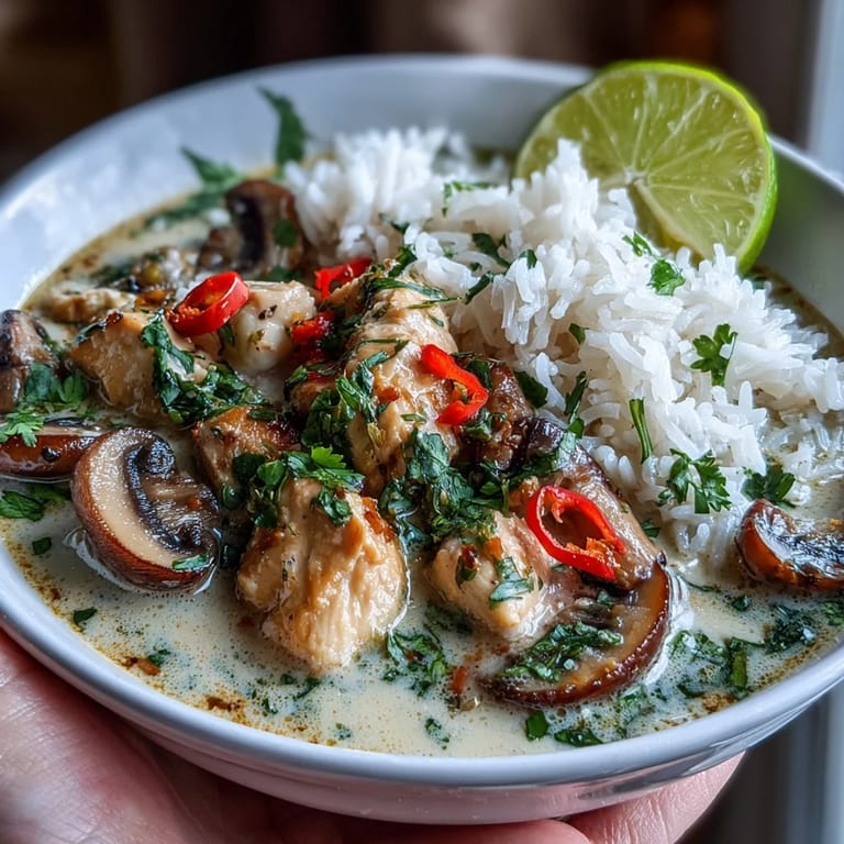 Overhead view of fragrant Thai Coconut Curry Soup featuring chicken thighs and colorful vegetables in rich coconut milk broth.