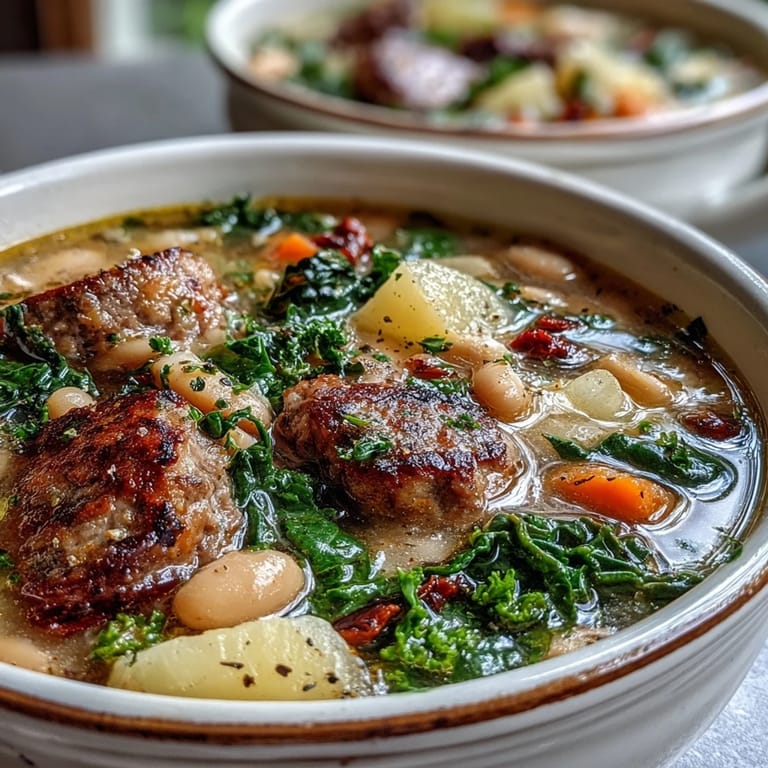 Warm Tuscan White Bean Sausage Soup simmering in a pot, featuring sausage, creamy beans, and tender kale.