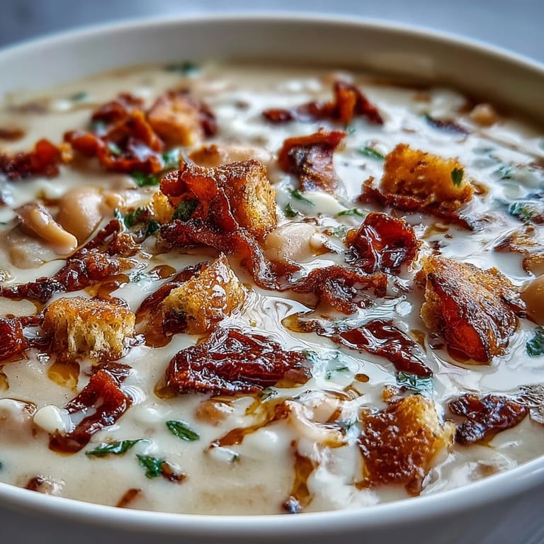 Creamy Tuscan white bean soup simmering in a pot with sun-dried tomatoes and Italian herbs.