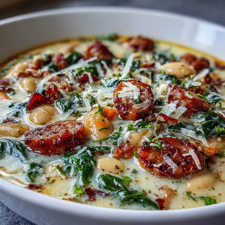 Bowls of Creamy Tuscan White Bean Soup with Sausage topped with Parmesan and spinach, served with crusty bread on a rustic wooden table.