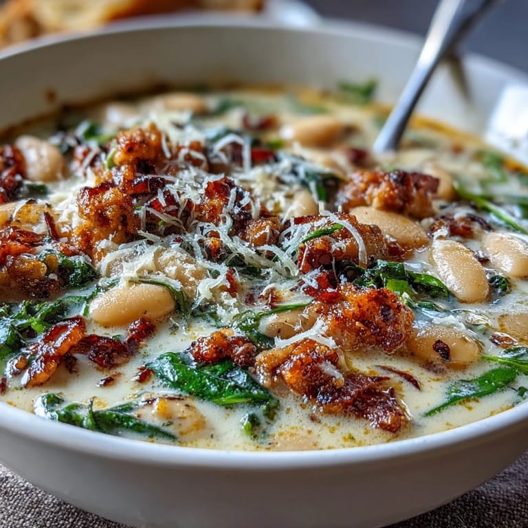 Close-up of Creamy Tuscan White Bean Soup with Sausage in a ladle, showing tender white beans, crumbled sausage, carrots, and fresh spinach.