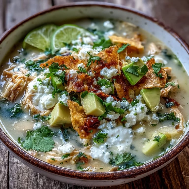Creamy Chicken Tortilla Soup in a rustic bowl topped with diced avocado, crushed tortilla chips, fresh cilantro, and a squeeze of lime.