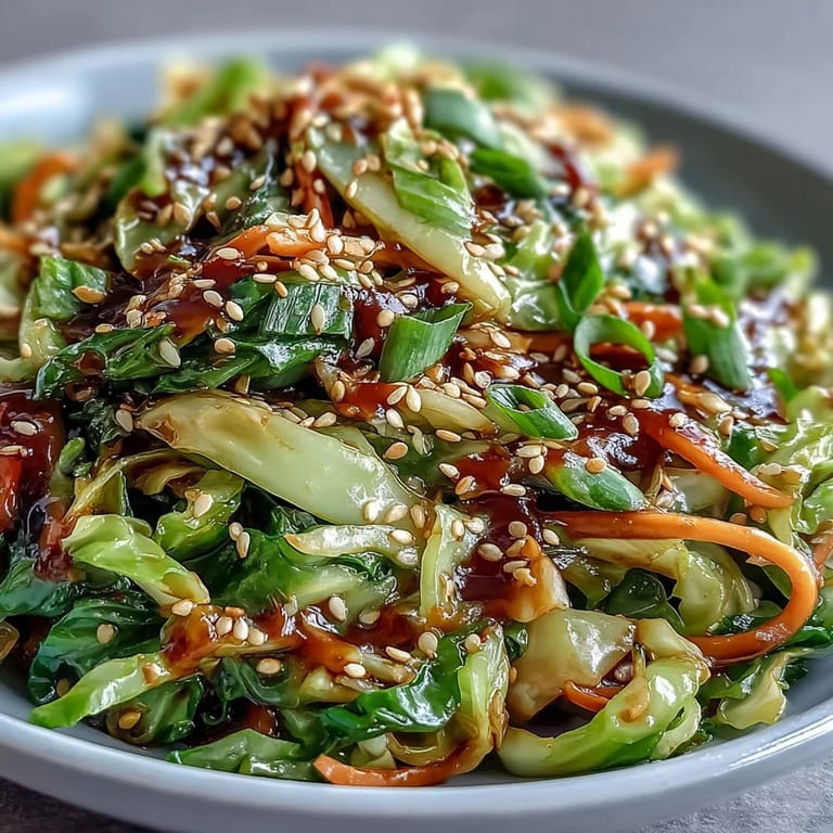 A wok of sizzling Hot and Sour Cabbage garnished with scallions and sesame seeds, perfect served alongside steamed rice for a quick meal.  