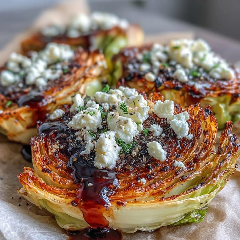 Golden slices of Crispy Cabbage Steaks With Feta and Balsamic topped with crumbled feta.