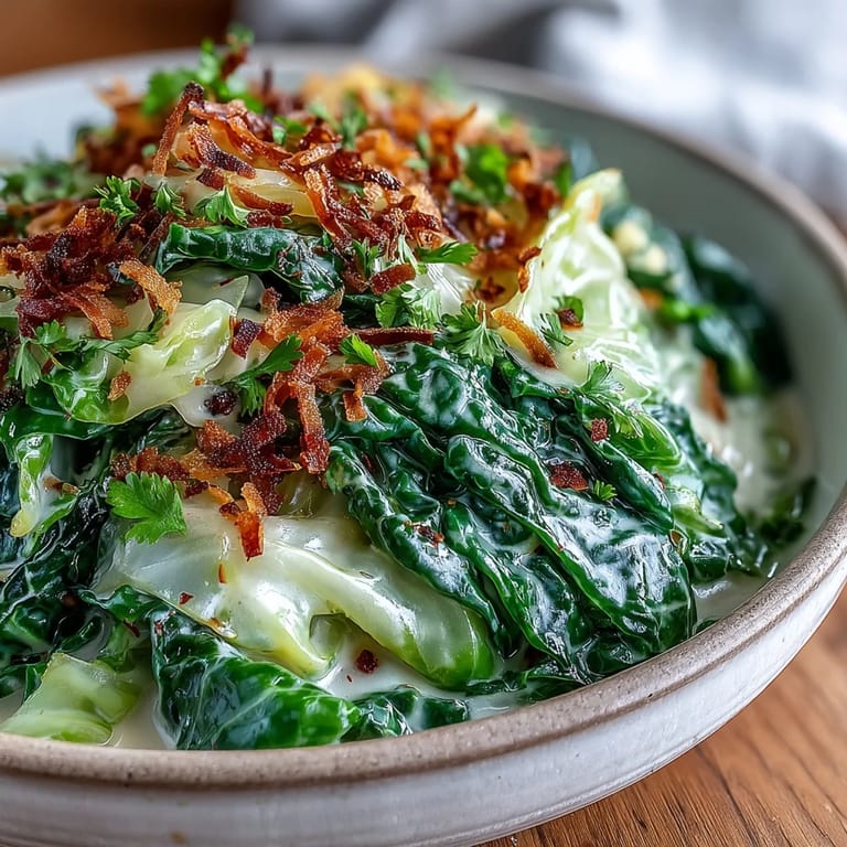 Tender slices of green cabbage in a golden Coconut Braised Cabbage garnished with fresh cilantro.